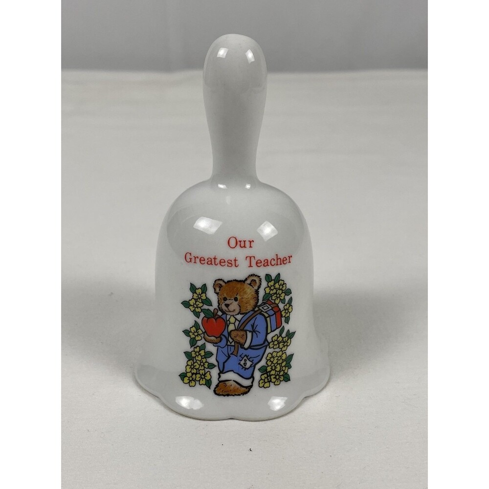 Vintage "Our Greatest Teacher" Teddy Bear Apple School Books Porcelain Bell Gift